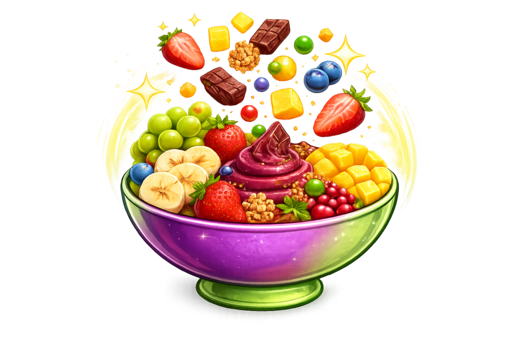 Tigela magica de frutas e chocolate